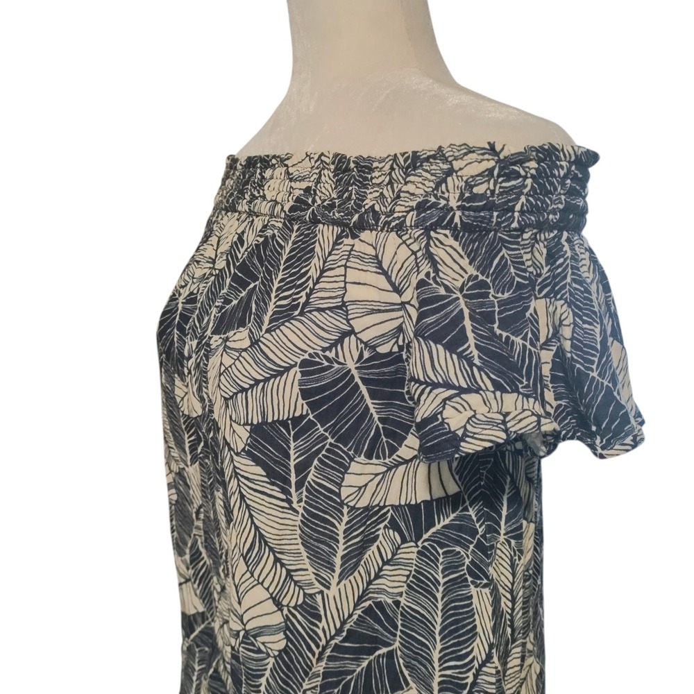 Marine Layer Shirley Navy Blue White Palm Leaf Off Shoulder Ruffle Mini Dress M - Picture 6 of 16